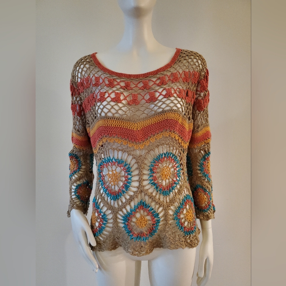 Jendo Crochet Multi Color Long Sleeve Top 100% Cotton Size L.